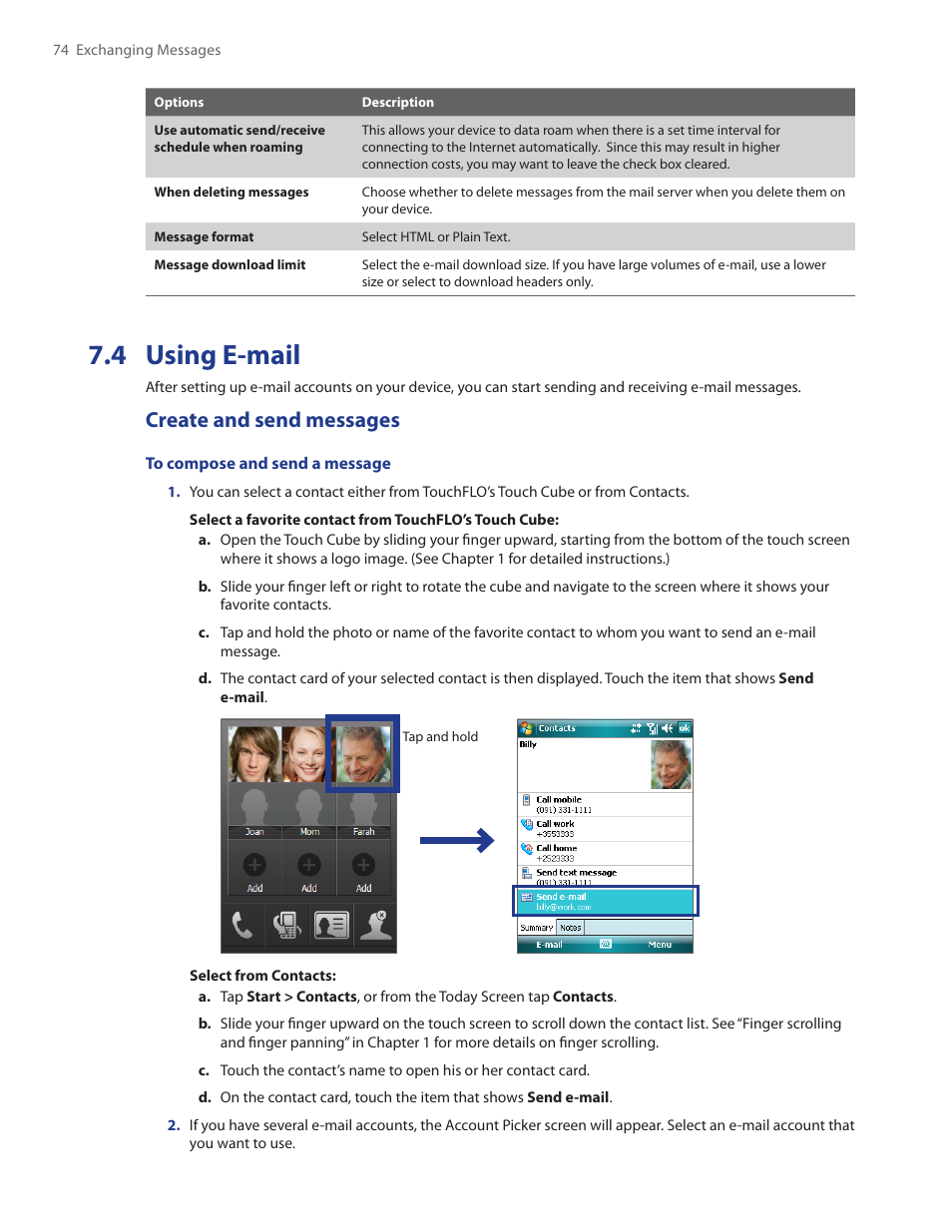 4 using e-mail, Create and send messages | HTC Touch by HTC VOGU100 User Manual | Page 74 / 150