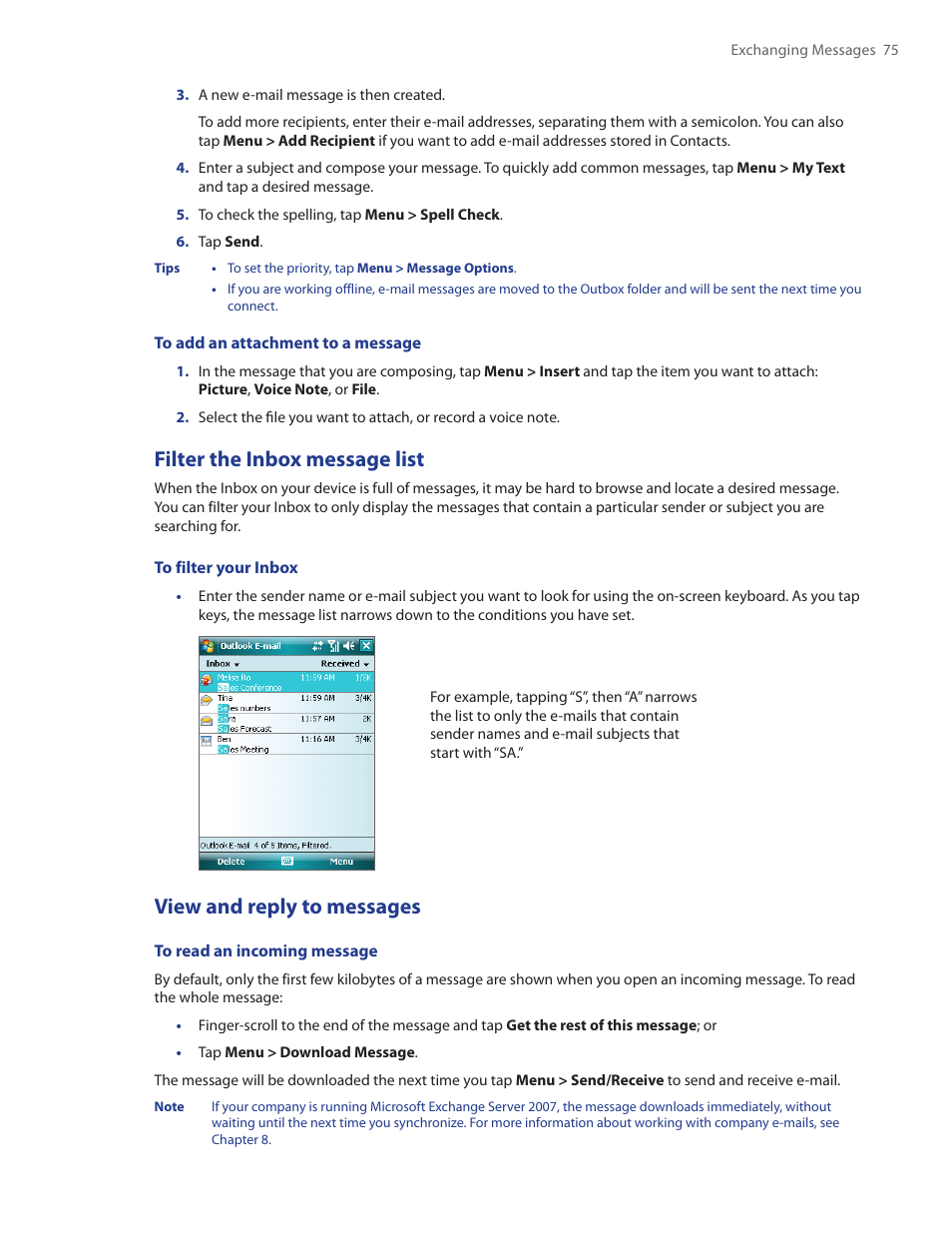 Filter the inbox message list, View and reply to messages | HTC Touch by HTC VOGU100 User Manual | Page 75 / 150