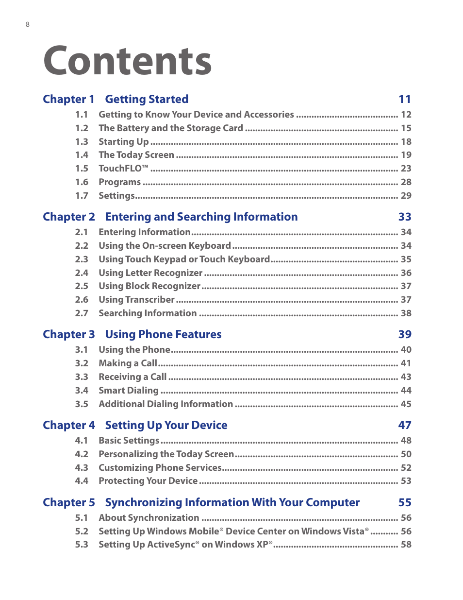 HTC Touch by HTC VOGU100 User Manual | Page 8 / 150