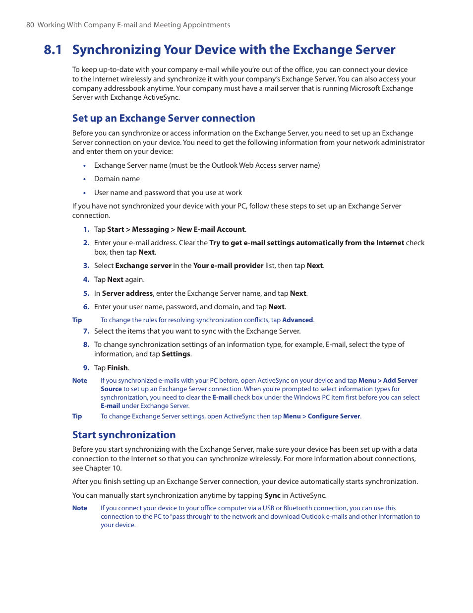 1 synchronizing your device with, The exchange server, Set up an exchange server connection | Start synchronization | HTC Touch by HTC VOGU100 User Manual | Page 80 / 150