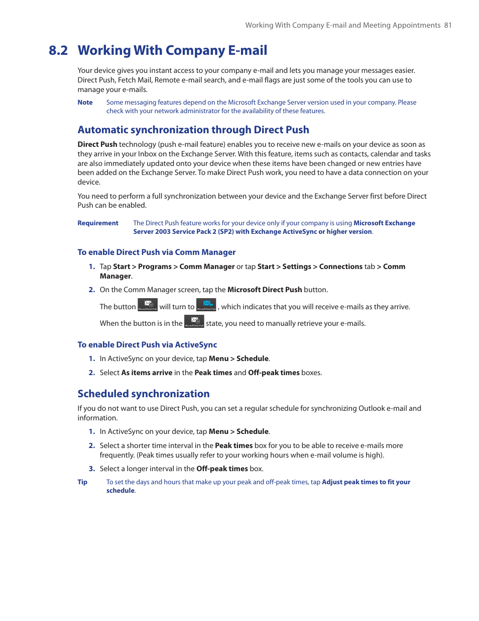 2 working with company e-mail, Automatic synchronization through direct push, Scheduled synchronization | HTC Touch by HTC VOGU100 User Manual | Page 81 / 150