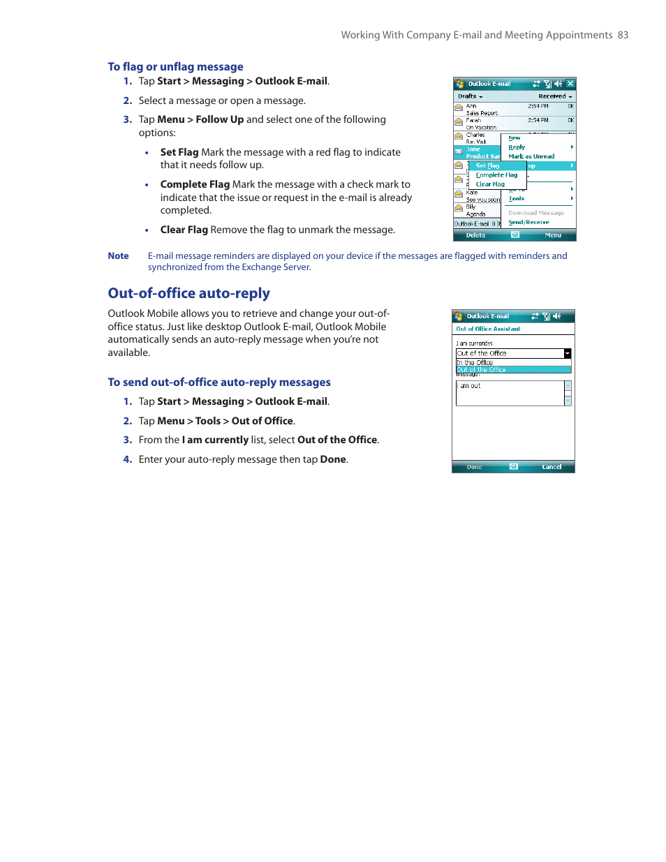 Out-of-office auto-reply | HTC Touch by HTC VOGU100 User Manual | Page 83 / 150