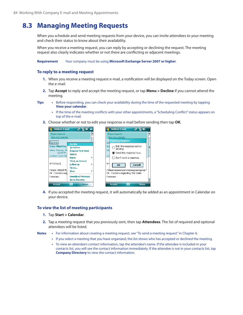 3 managing meeting requests | HTC Touch by HTC VOGU100 User Manual | Page 84 / 150