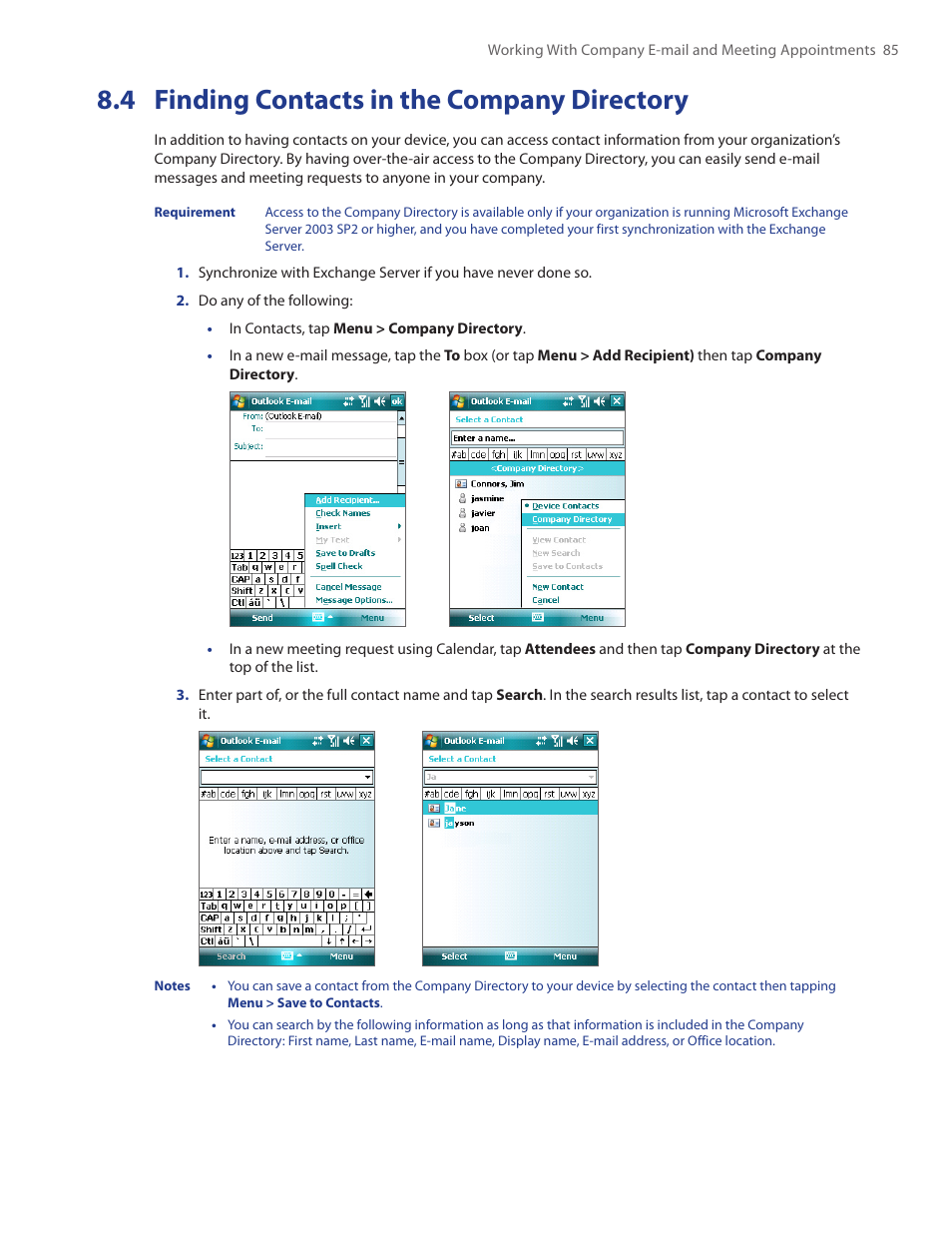 4 finding contacts in the company directory | HTC Touch by HTC VOGU100 User Manual | Page 85 / 150