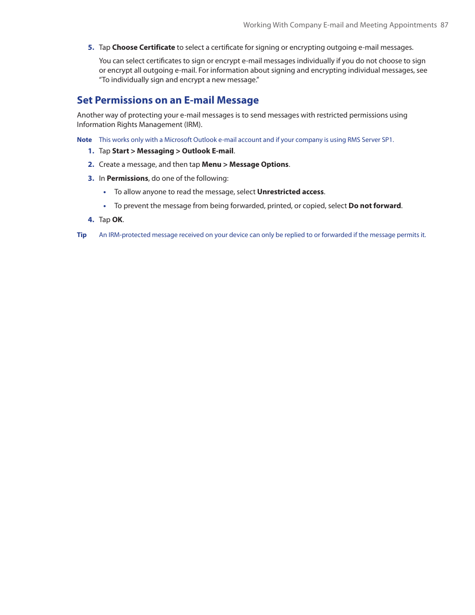 Set permissions on an e-mail message | HTC Touch by HTC VOGU100 User Manual | Page 87 / 150