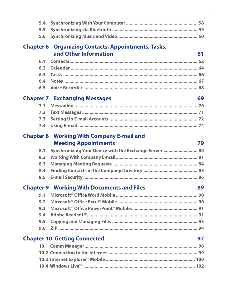 HTC Touch by HTC VOGU100 User Manual | Page 9 / 150