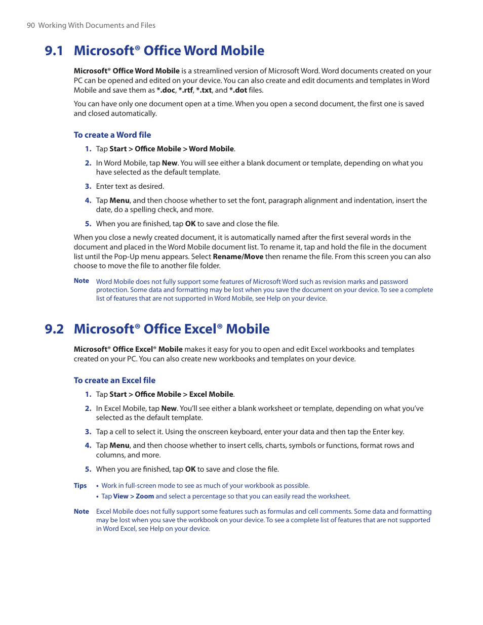 1 microsoft® office word mobile, 2 microsoft® office excel® mobile | HTC Touch by HTC VOGU100 User Manual | Page 90 / 150