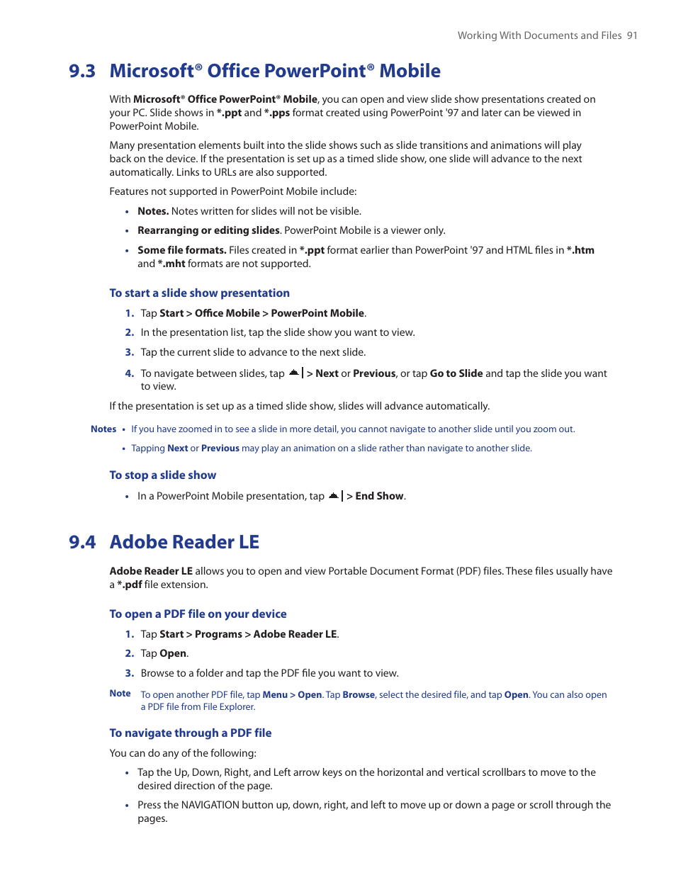 3 microsoft® office powerpoint® mobile, 4 adobe reader le | HTC Touch by HTC VOGU100 User Manual | Page 91 / 150