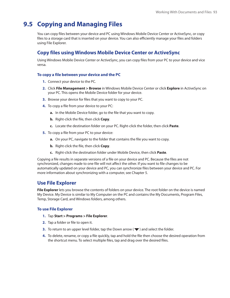 5 copying and managing files, Use file explorer | HTC Touch by HTC VOGU100 User Manual | Page 93 / 150