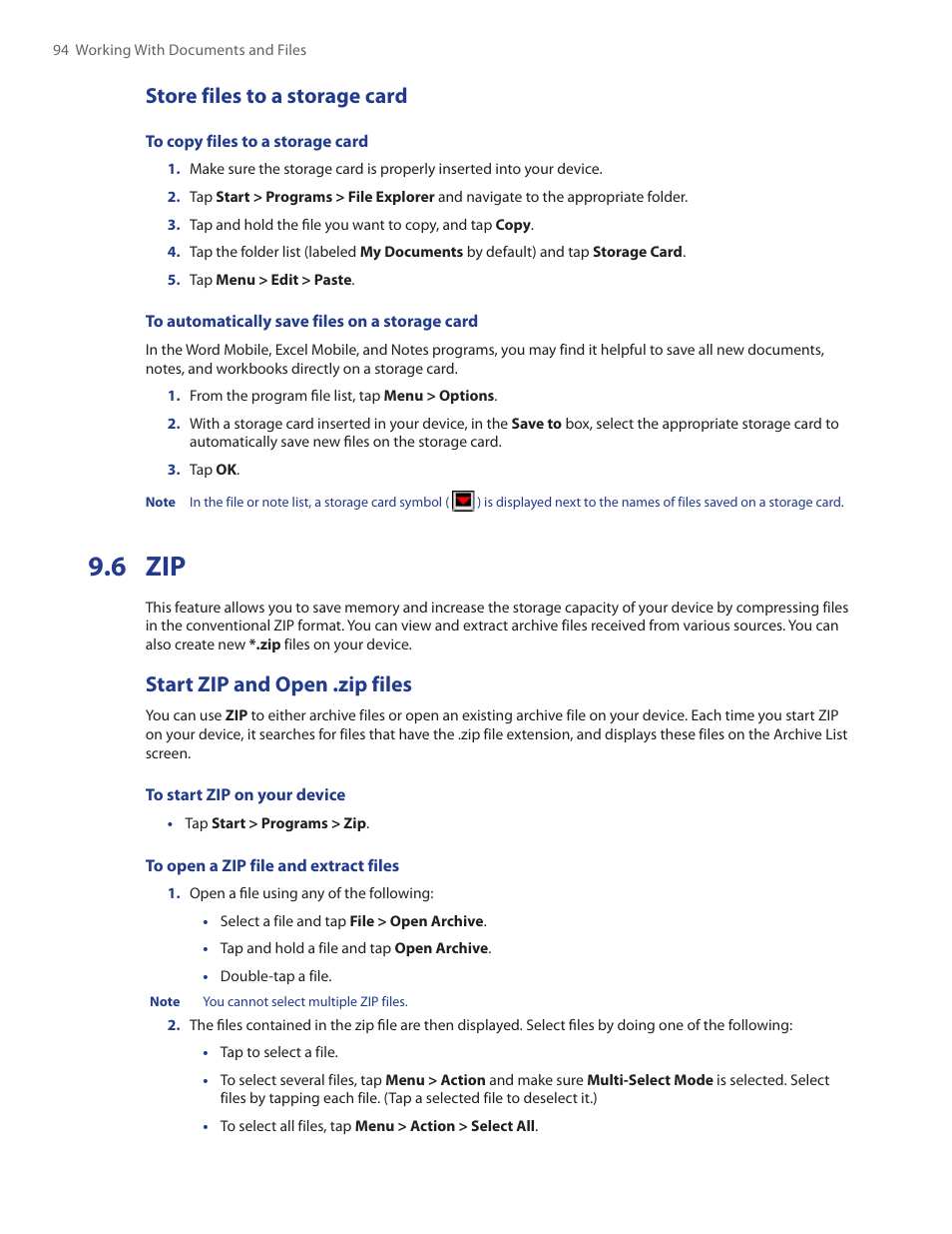 6 zip, Store files to a storage card, Start zip and open .zip files | HTC Touch by HTC VOGU100 User Manual | Page 94 / 150