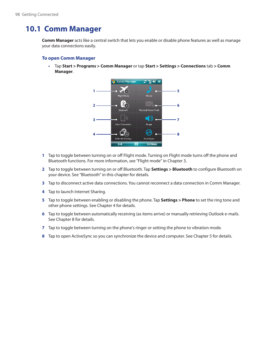 1 comm manager | HTC Touch by HTC VOGU100 User Manual | Page 98 / 150