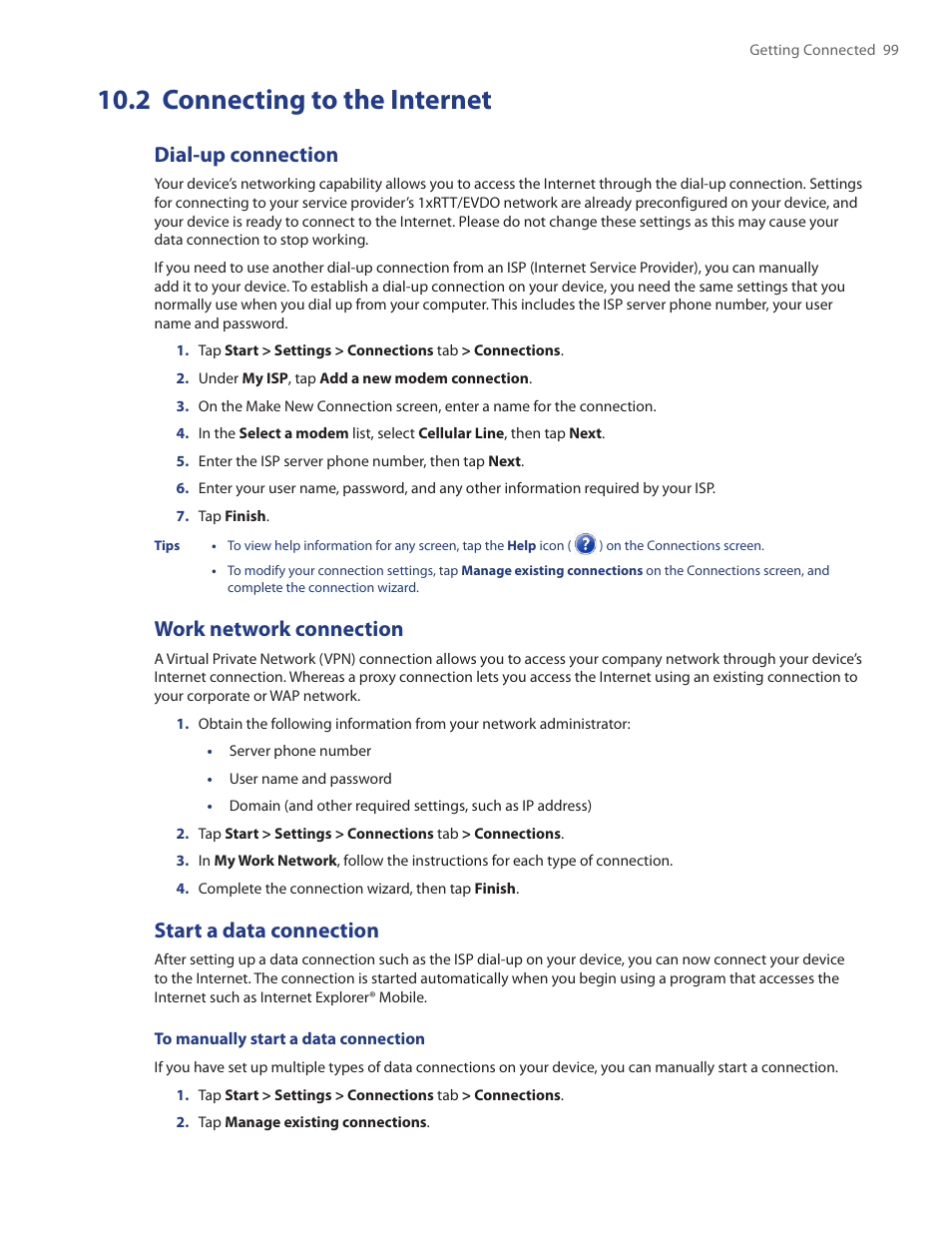 2 connecting to the internet, Dial-up connection, Work network connection | Start a data connection | HTC Touch by HTC VOGU100 User Manual | Page 99 / 150