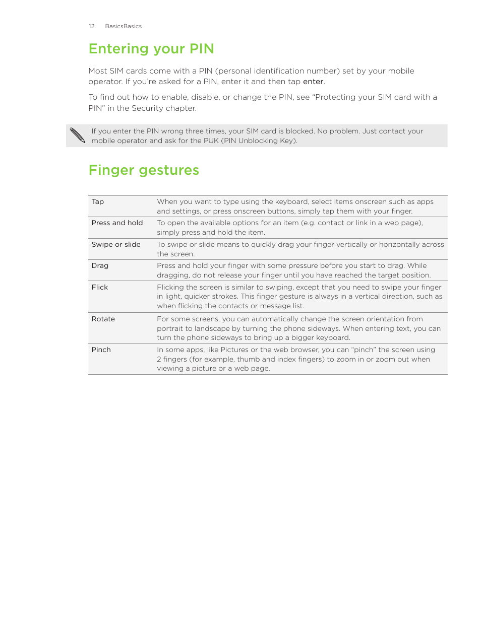 Entering your pin, Finger gestures | HTC Surround User Manual | Page 12 / 79