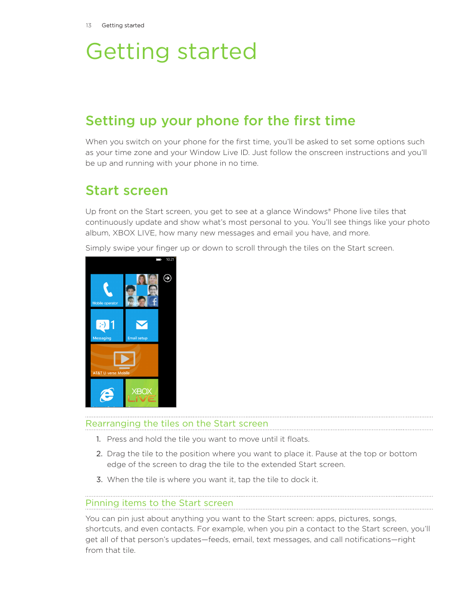 Getting started, Setting up your phone for the first time, Start screen | HTC Surround User Manual | Page 13 / 79