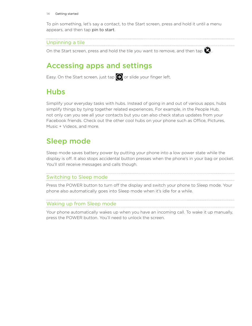 Accessing apps and settings, Hubs, Sleep mode | HTC Surround User Manual | Page 14 / 79