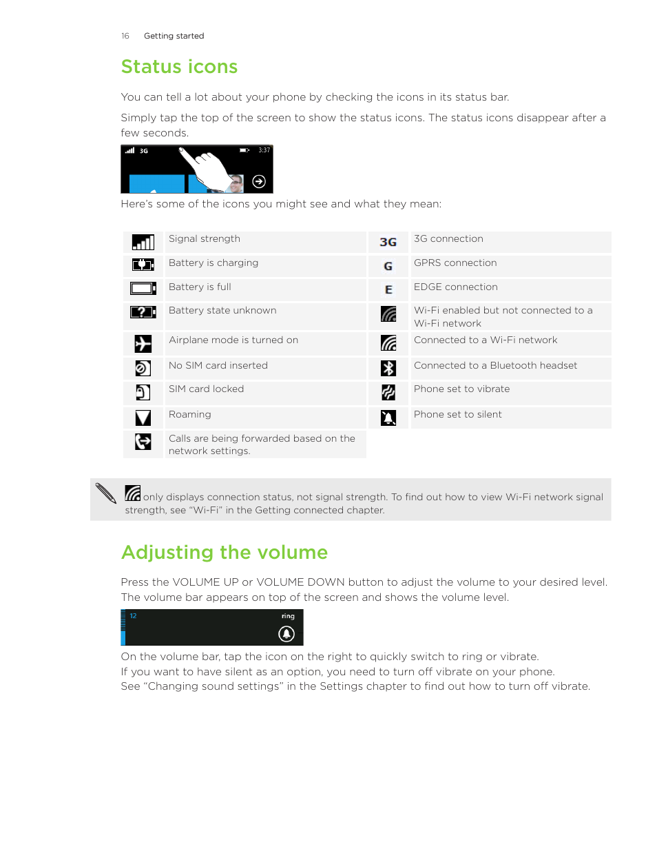 Status icons, Adjusting the volume | HTC Surround User Manual | Page 16 / 79