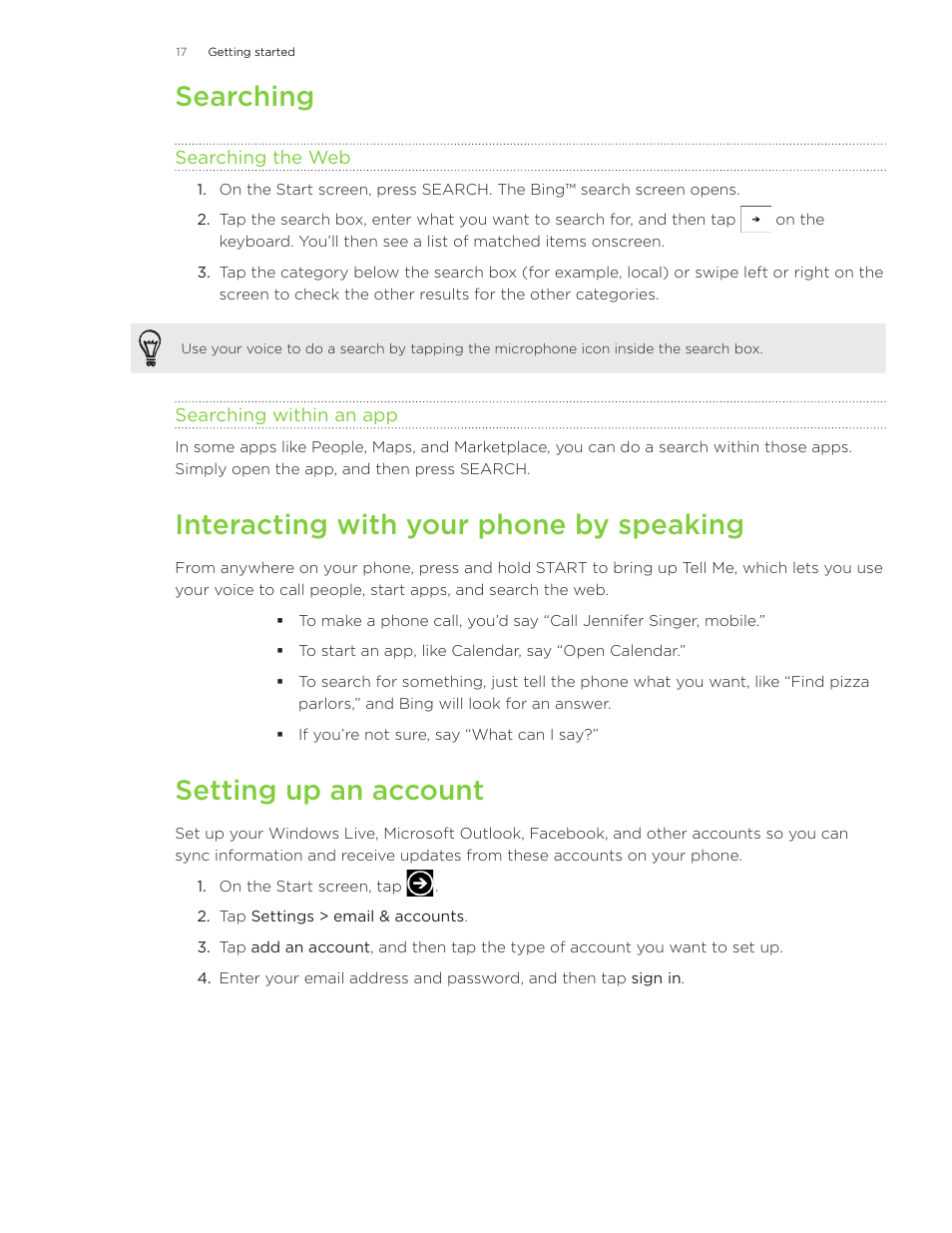 Searching, Interacting with your phone by speaking, Setting up an account | HTC Surround User Manual | Page 17 / 79