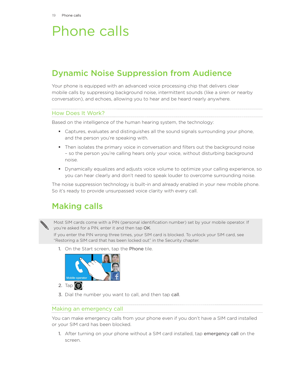 Phone calls, Making calls, Dynamic noise suppression from audience | HTC Surround User Manual | Page 19 / 79