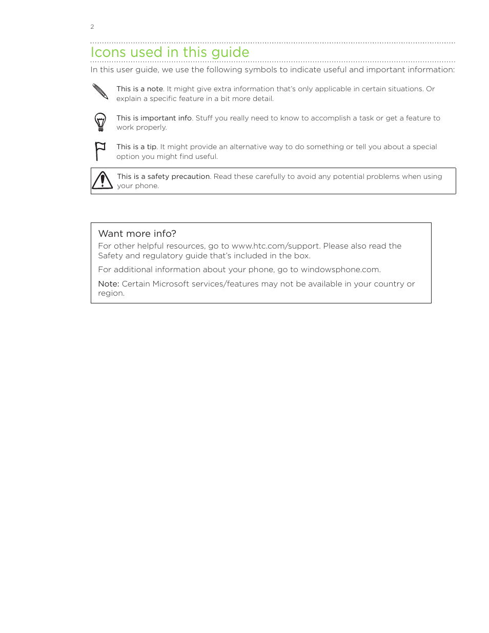 Icons used in this guide | HTC Surround User Manual | Page 2 / 79