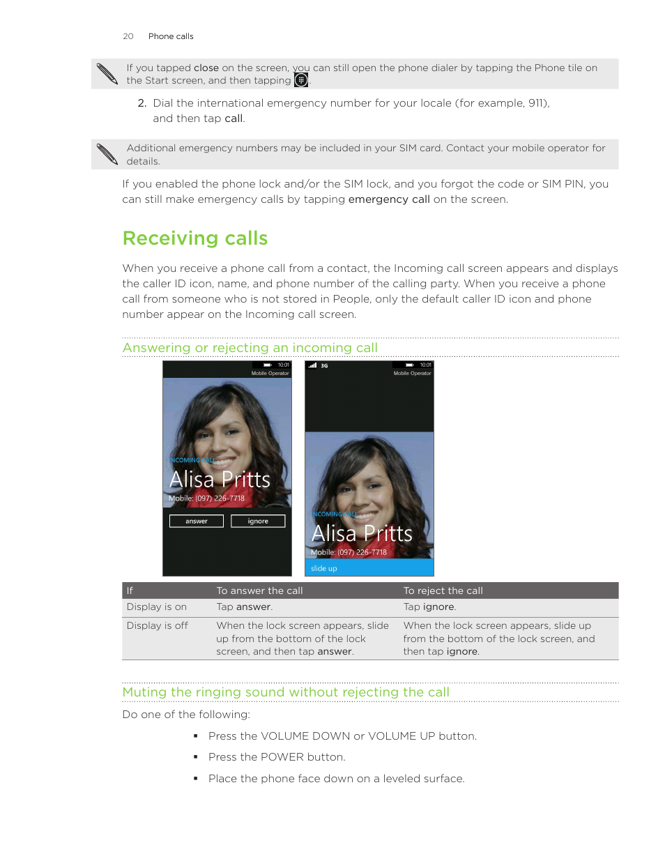 Receiving calls | HTC Surround User Manual | Page 20 / 79