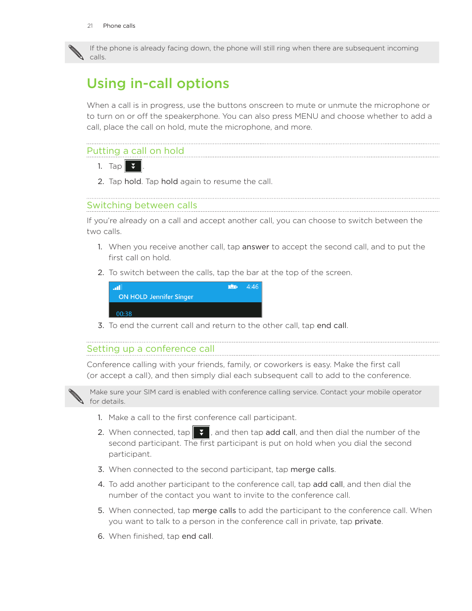 Using in-call options | HTC Surround User Manual | Page 21 / 79
