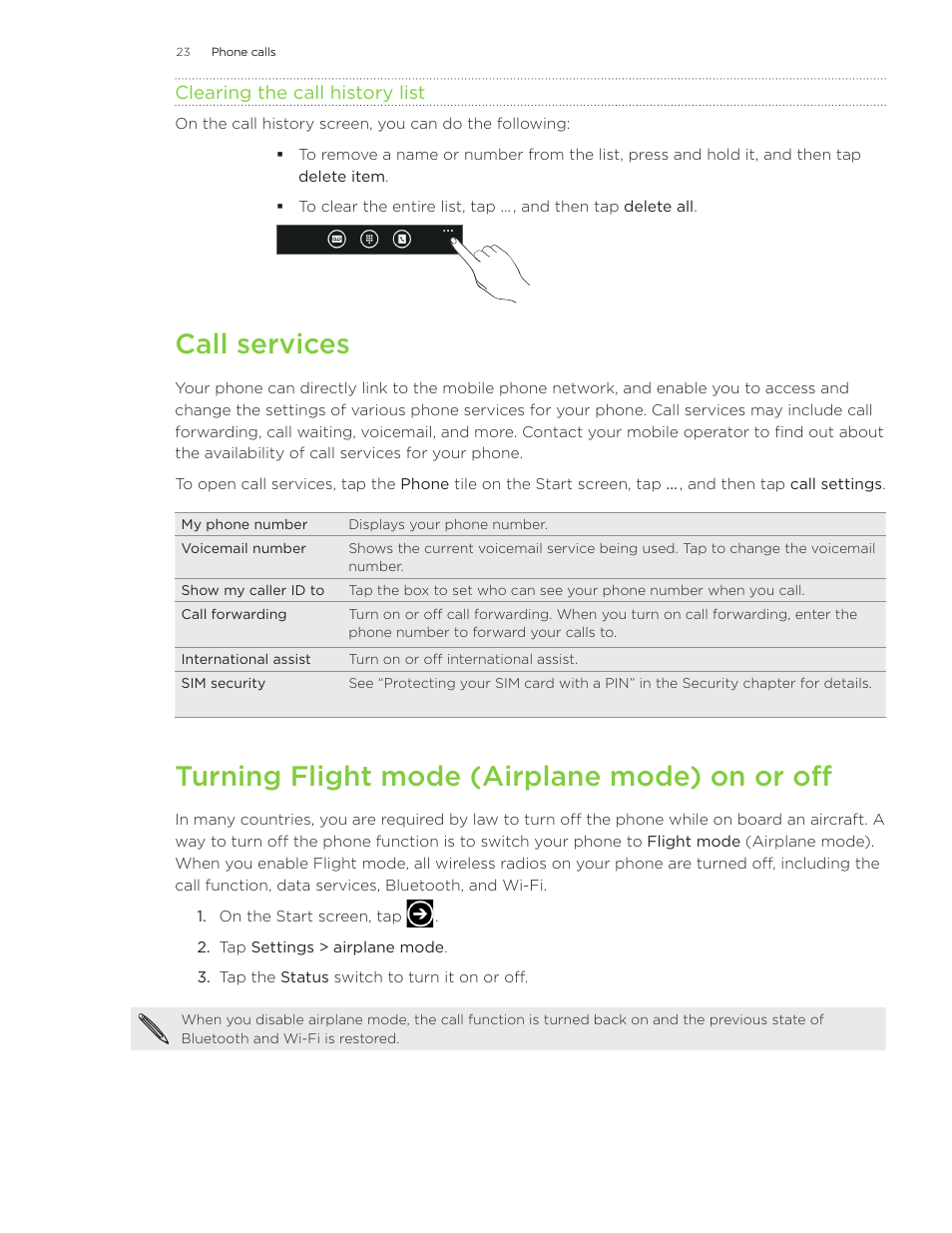 Call services, Turning flight mode (airplane mode) on or off | HTC Surround User Manual | Page 23 / 79