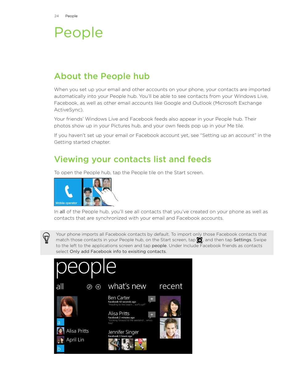 People, About the people hub, Viewing your contacts list and feeds | HTC Surround User Manual | Page 24 / 79