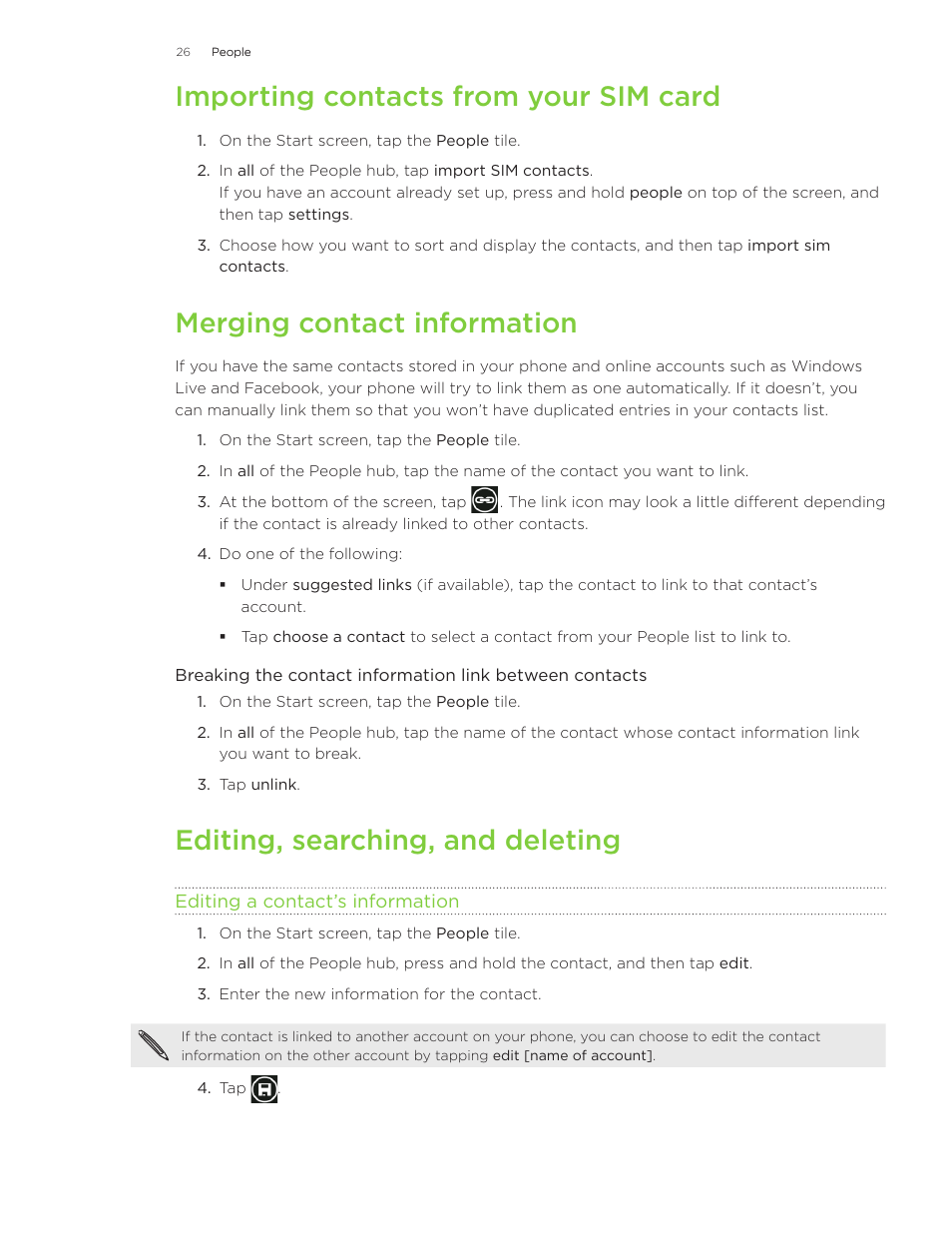 Importing contacts from your sim card, Merging contact information, Editing, searching, and deleting | HTC Surround User Manual | Page 26 / 79