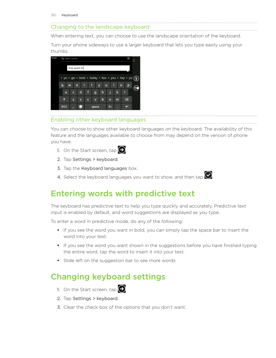 Entering words with predictive text, Changing keyboard settings | HTC Surround User Manual | Page 30 / 79