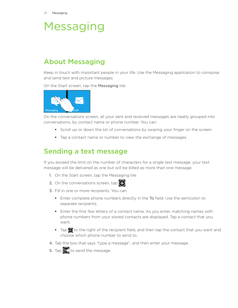 Messaging, About messaging, Sending a text message | HTC Surround User Manual | Page 31 / 79