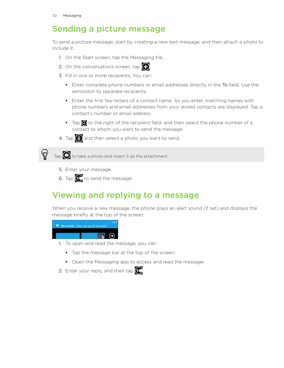 Sending a picture message, Viewing and replying to a message | HTC Surround User Manual | Page 32 / 79