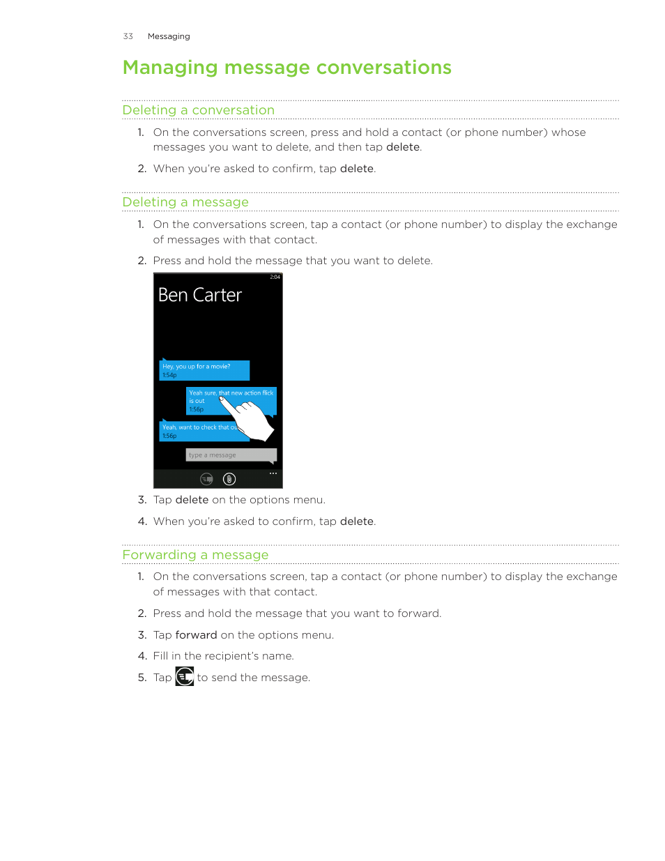 Managing message conversations | HTC Surround User Manual | Page 33 / 79