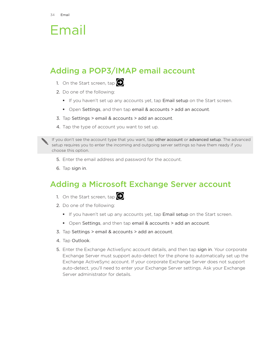 Email, Adding a pop3/imap email account, Adding a microsoft exchange server account | Adding a pop/imap email account | HTC Surround User Manual | Page 34 / 79