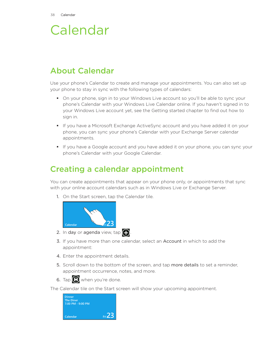 Calendar, About calendar, Creating a calendar appointment | HTC Surround User Manual | Page 38 / 79