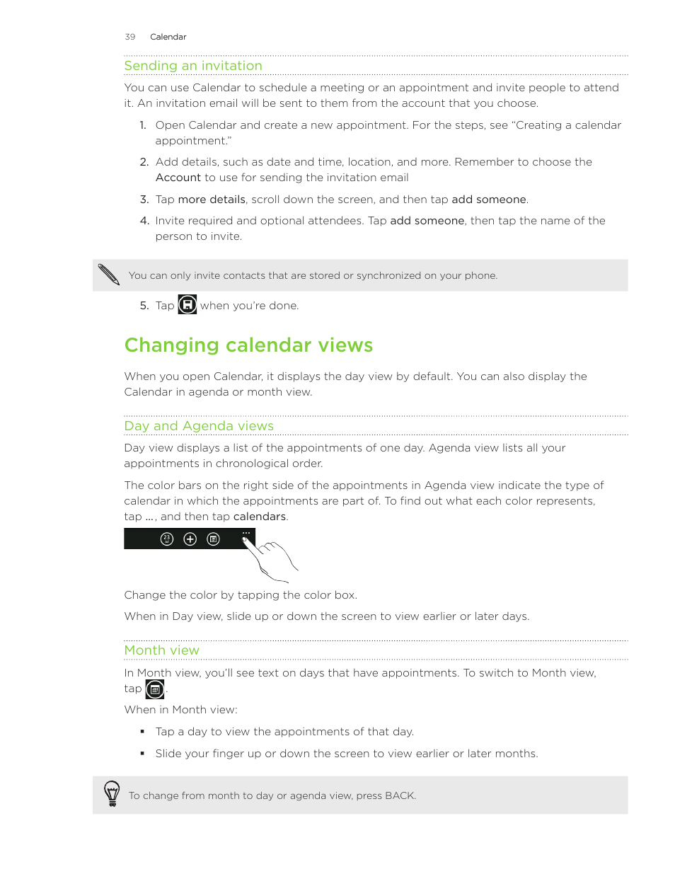 Changing calendar views | HTC Surround User Manual | Page 39 / 79