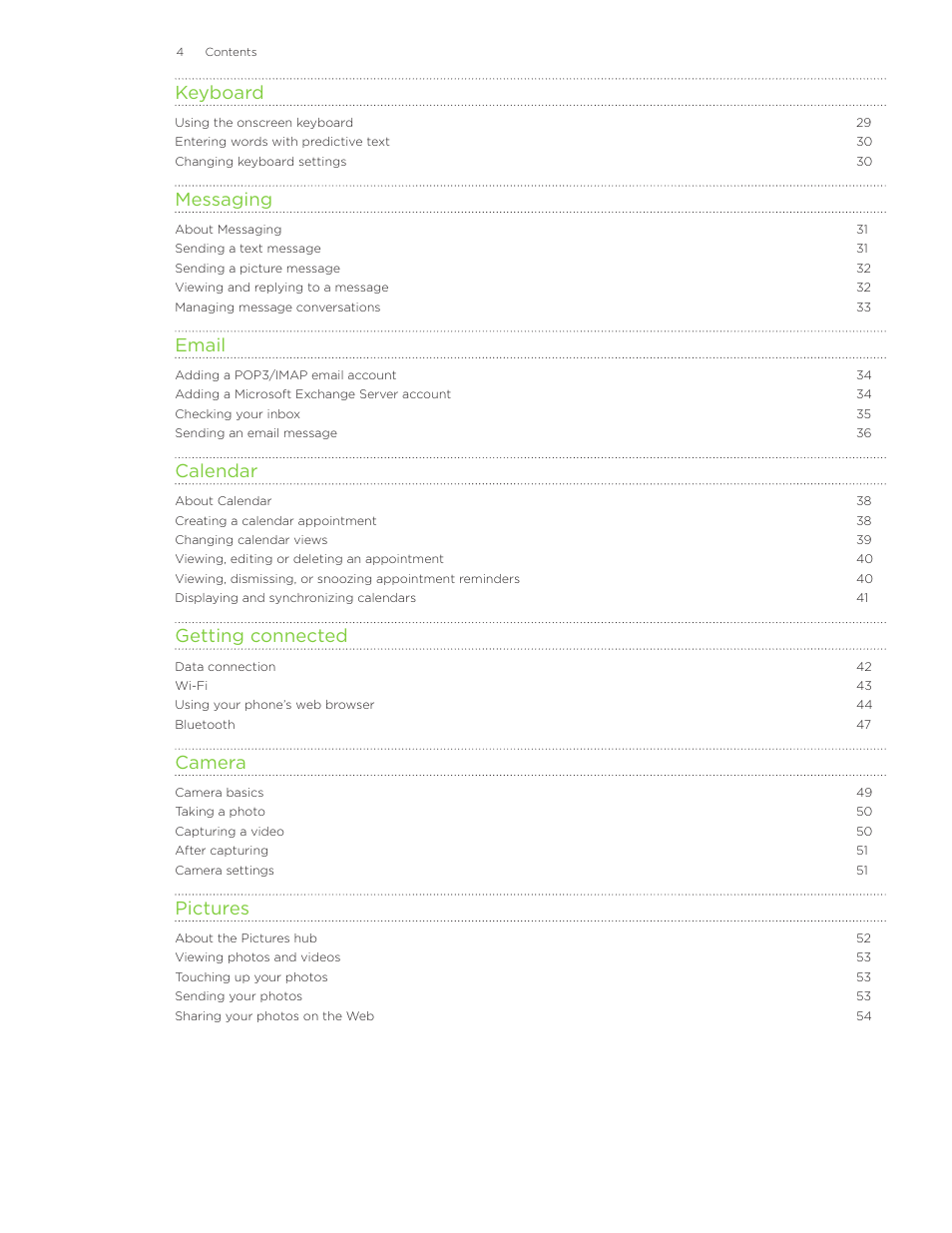 Keyboard, Messaging, Email | Calendar, Getting connected, Camera, Pictures | HTC Surround User Manual | Page 4 / 79