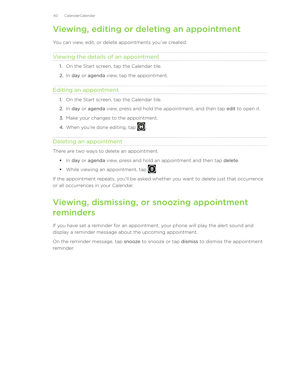 Viewing, editing or deleting an appointment | HTC Surround User Manual | Page 40 / 79