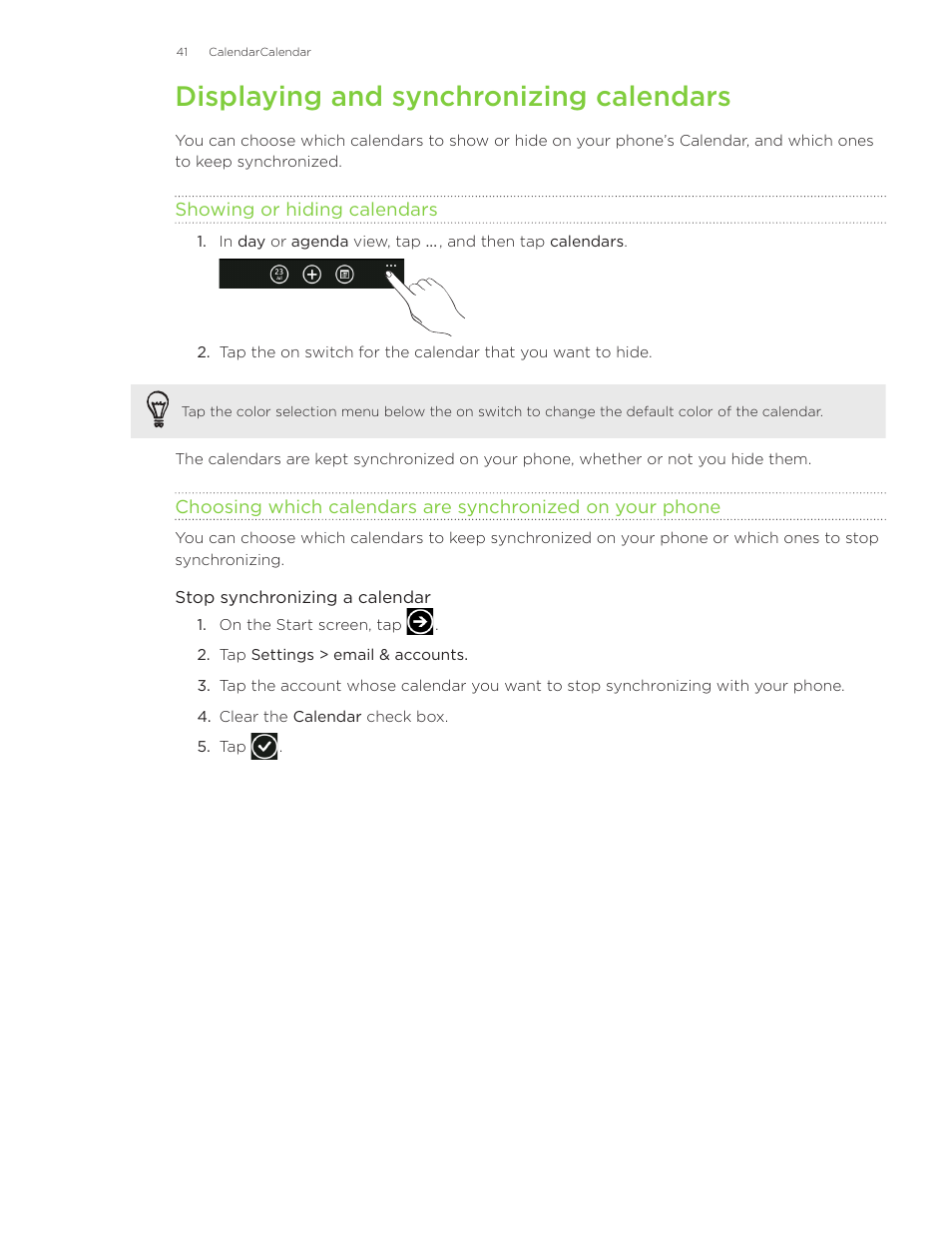 Displaying and synchronizing calendars | HTC Surround User Manual | Page 41 / 79