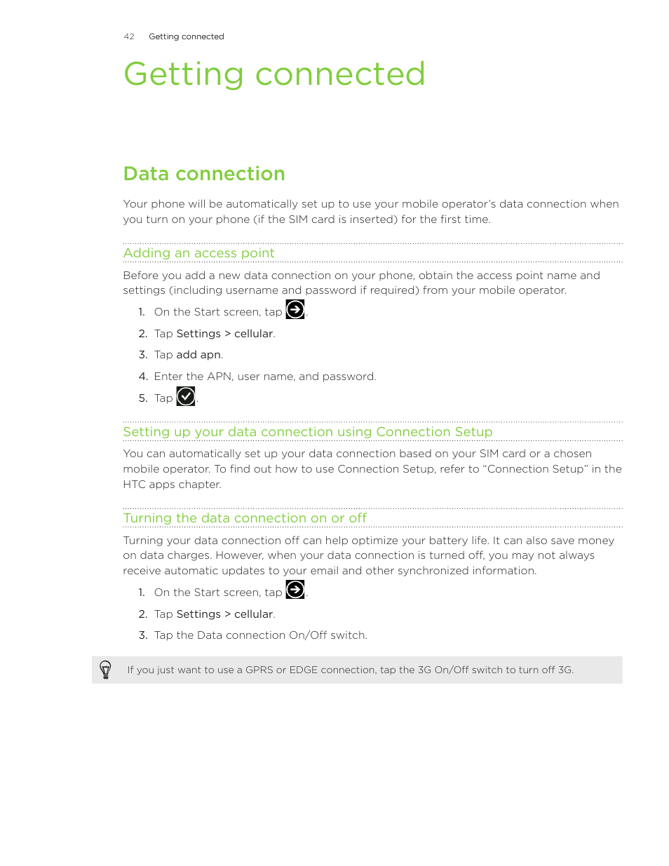 Getting connected, Data connection | HTC Surround User Manual | Page 42 / 79