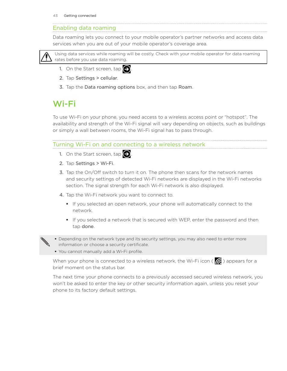 Wi-fi | HTC Surround User Manual | Page 43 / 79