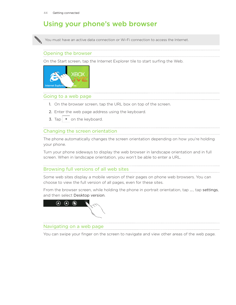 Using your phone’s web browser | HTC Surround User Manual | Page 44 / 79