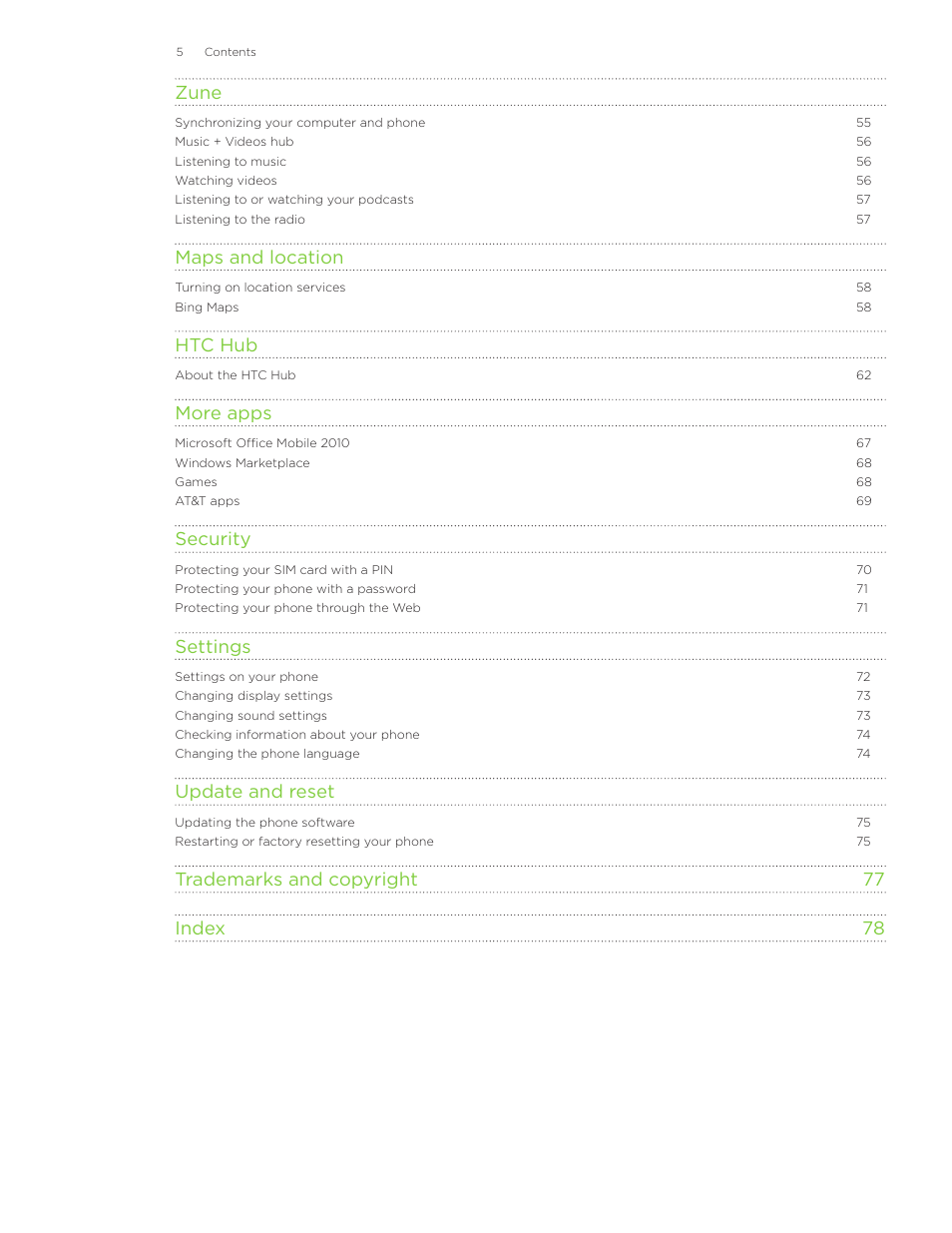Zune, Maps and location, Htc hub | More apps, Security, Settings, Update and reset, Trademarks and copyright 77 index 78 | HTC Surround User Manual | Page 5 / 79