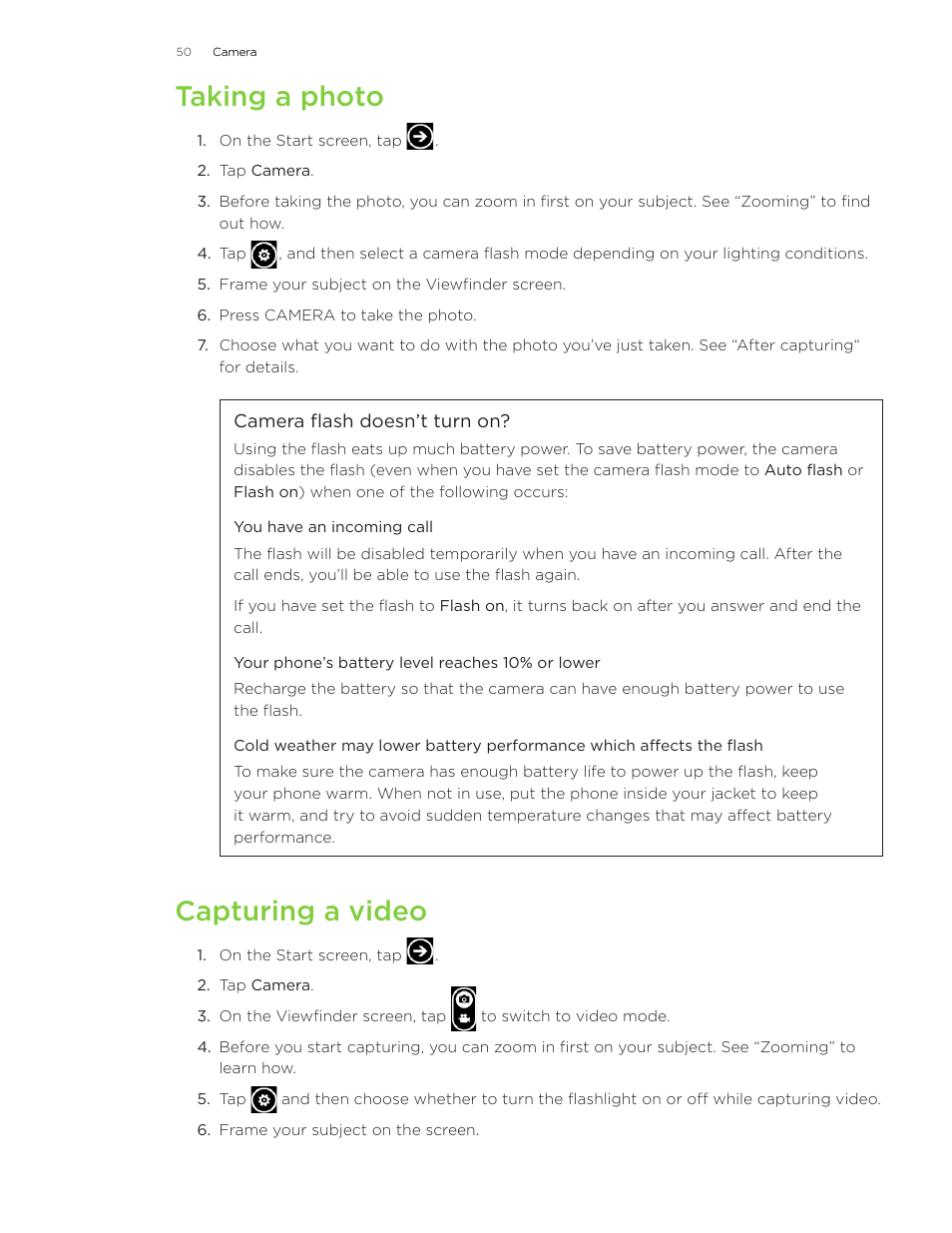 Taking a photo, Capturing a video | HTC Surround User Manual | Page 50 / 79