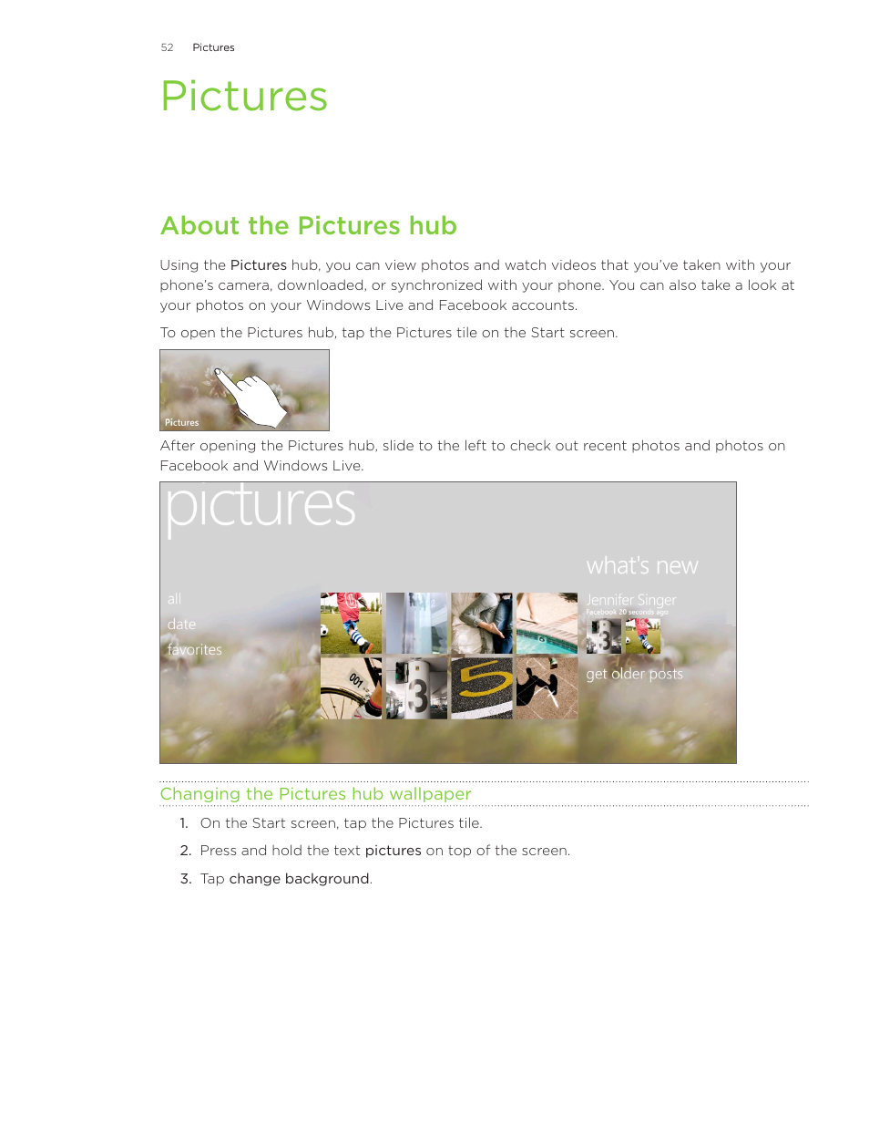 Pictures, About the pictures hub | HTC Surround User Manual | Page 52 / 79