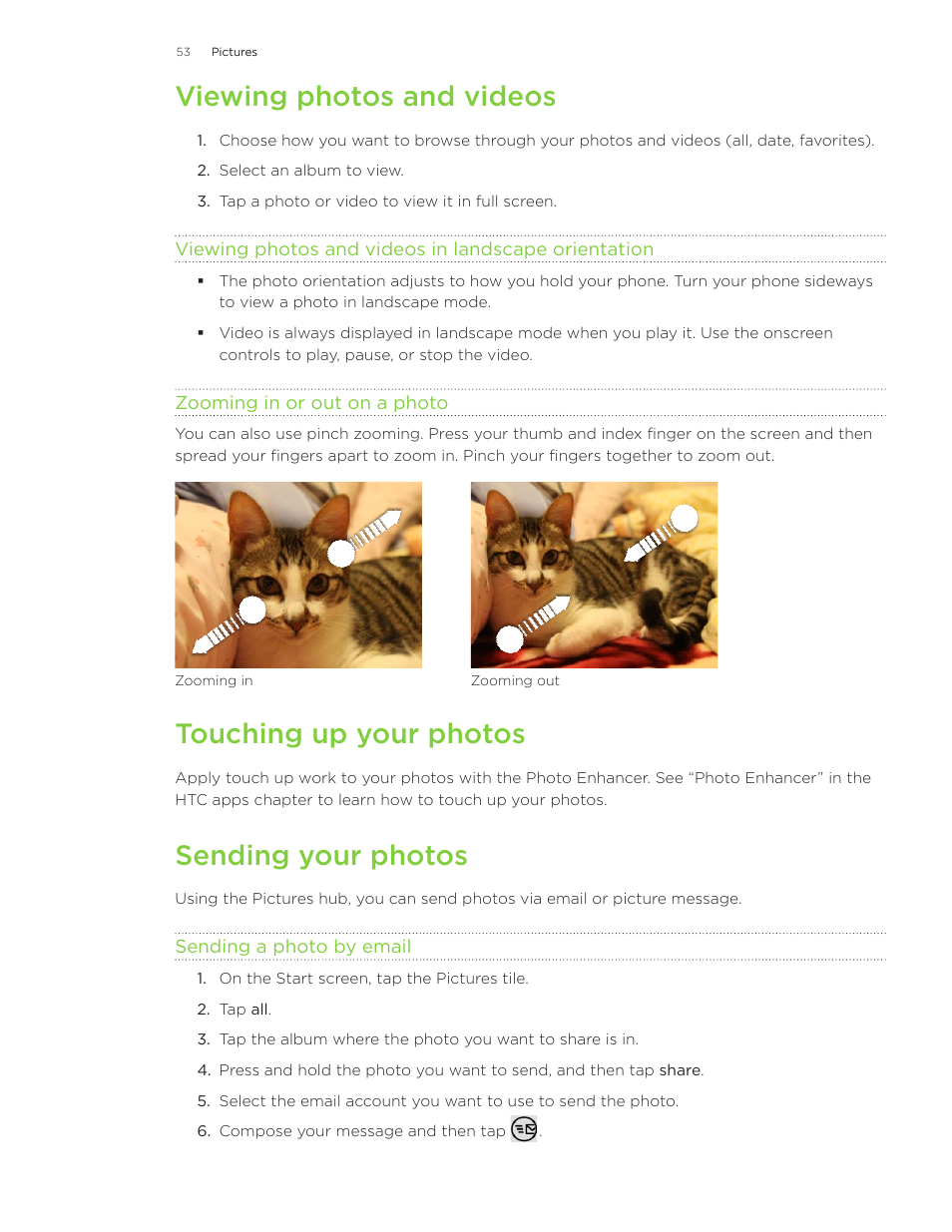 Viewing photos and videos, Touching up your photos, Sending your photos | HTC Surround User Manual | Page 53 / 79