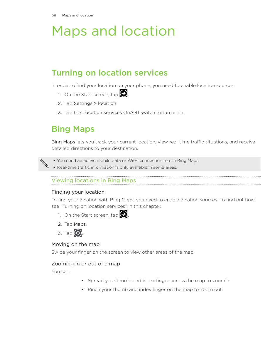 Maps and location, Turning on location services, Bing maps | HTC Surround User Manual | Page 58 / 79