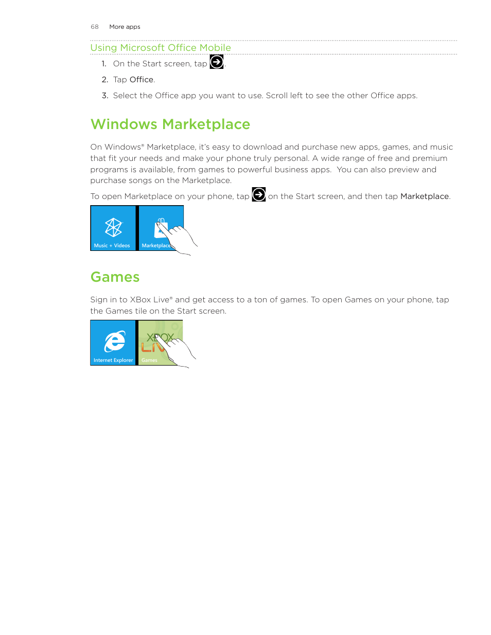 Windows marketplace, Games | HTC Surround User Manual | Page 68 / 79