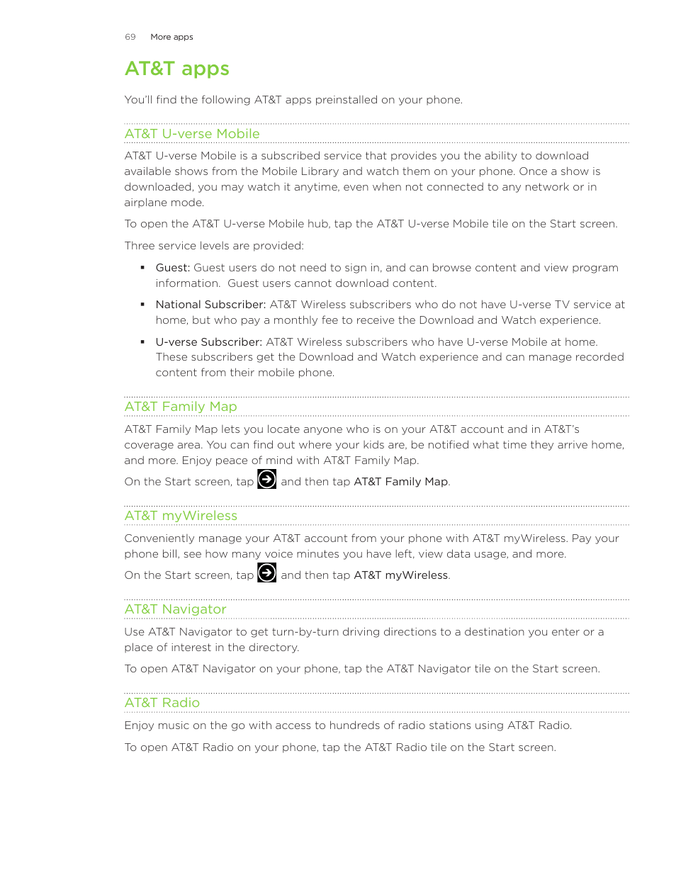 At&t apps | HTC Surround User Manual | Page 69 / 79