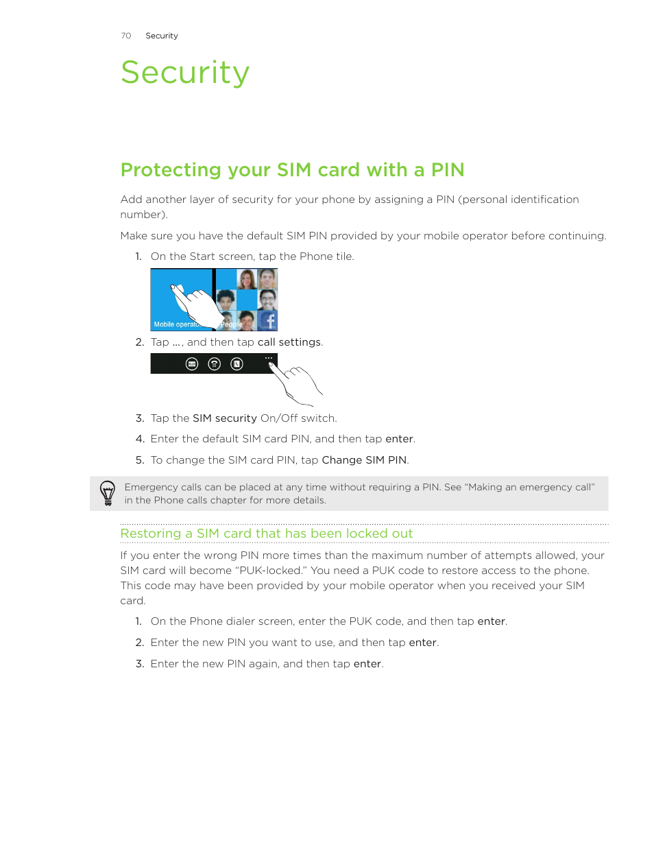 Security, Protecting your sim card with a pin | HTC Surround User Manual | Page 70 / 79