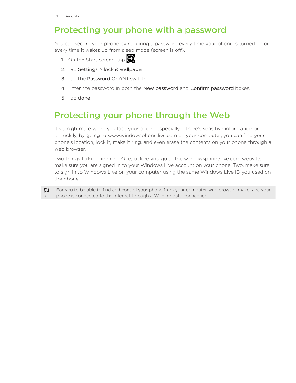 Protecting your phone with a password, Protecting your phone through the web | HTC Surround User Manual | Page 71 / 79